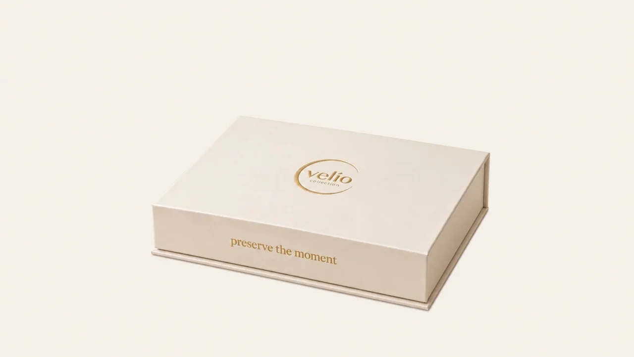 Closed ivory Velio gift box ready to open