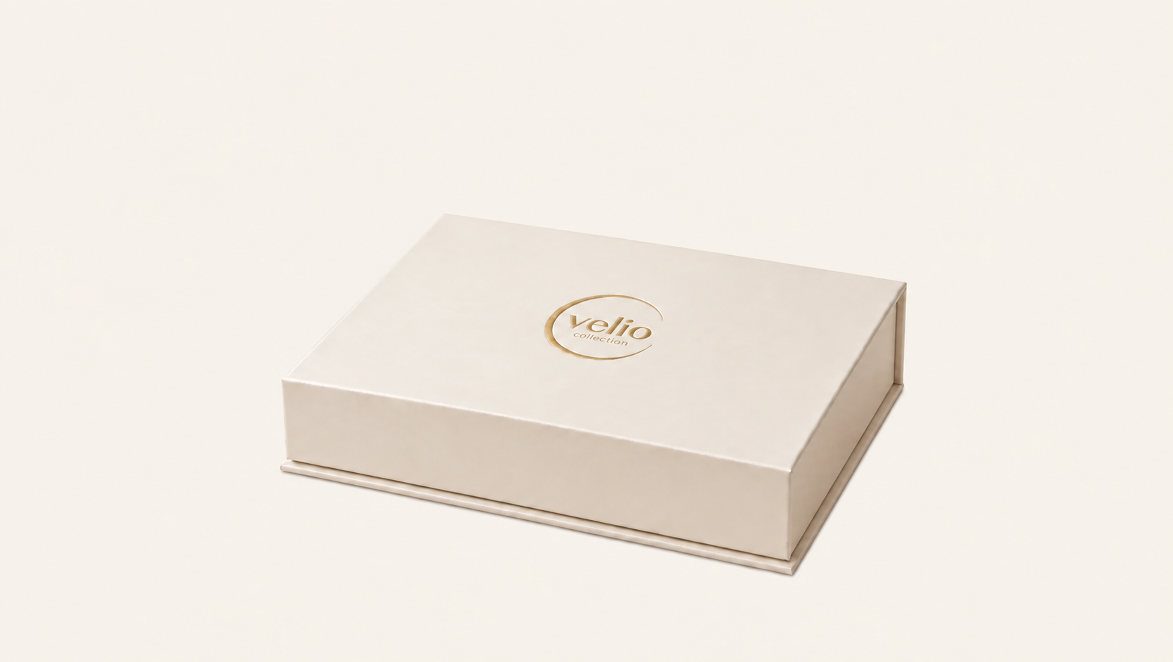 Closed ivory Velio gift box ready to open