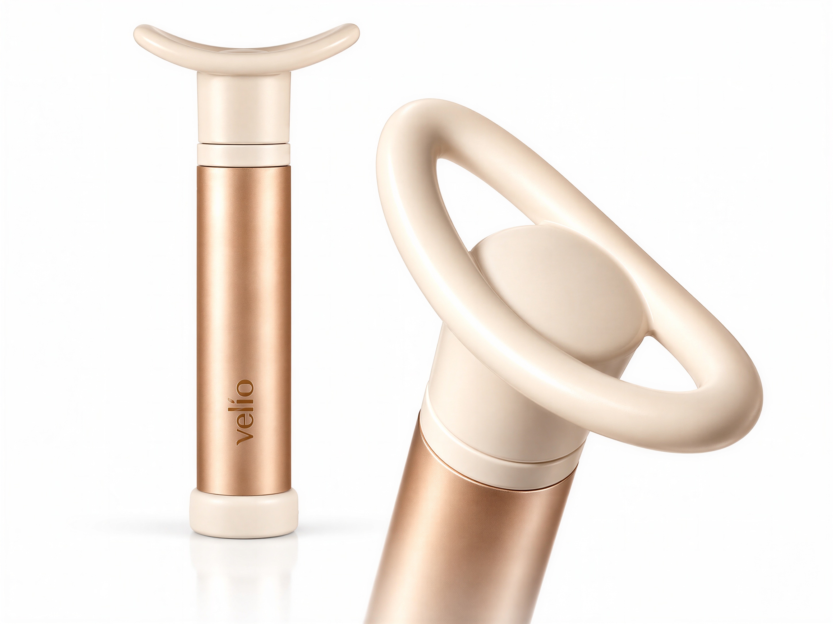 Velio champagne-gold vacuum pump showing its stainless steel body and curved handle