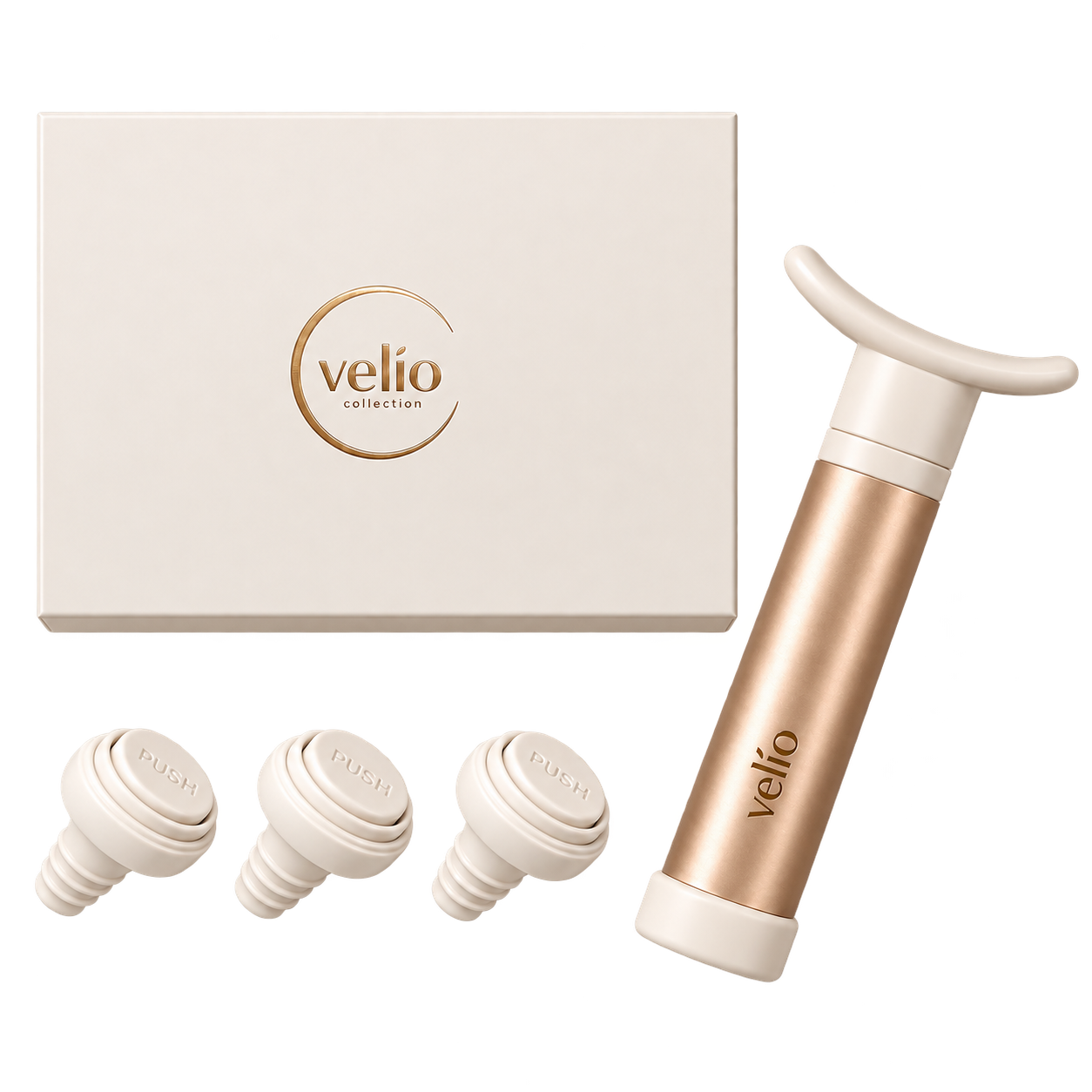 Ivory Velio gift box, champagne-gold pump and three PUSH stoppers